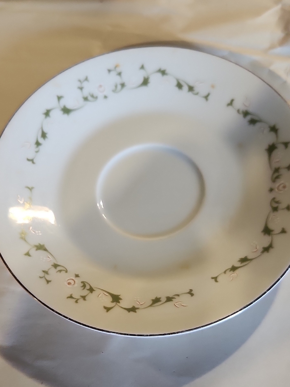 White Porcelain Saucer with Green Vine and Pink Accents